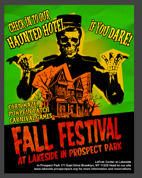 Official Haunted Hotel at Lakeside key art: a skeleton bellhop looms over an illustrated haunted hotel, reading "Check in to our Haunted Hotel&hellip; if you dare! Fall Festival at Lakeside in Prospect Park."
